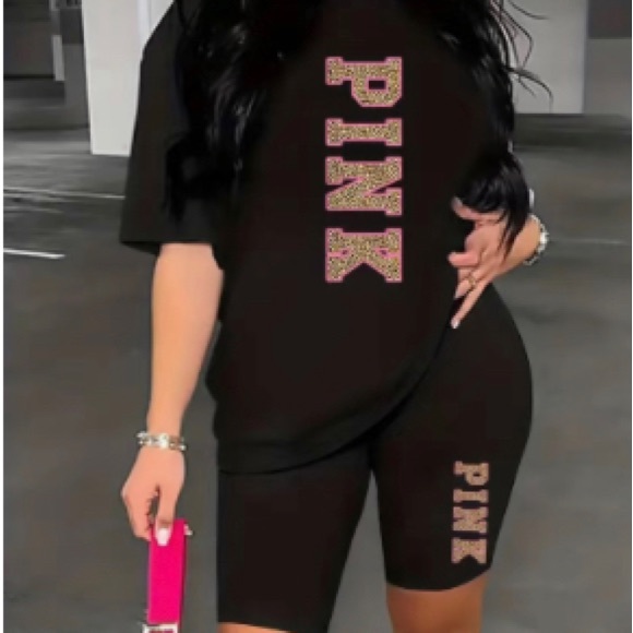 PINK Print Two-piece Set, Short Sleeve Crew Neck Casual 2pcs Outfit For Summer - Picture 1 of 6